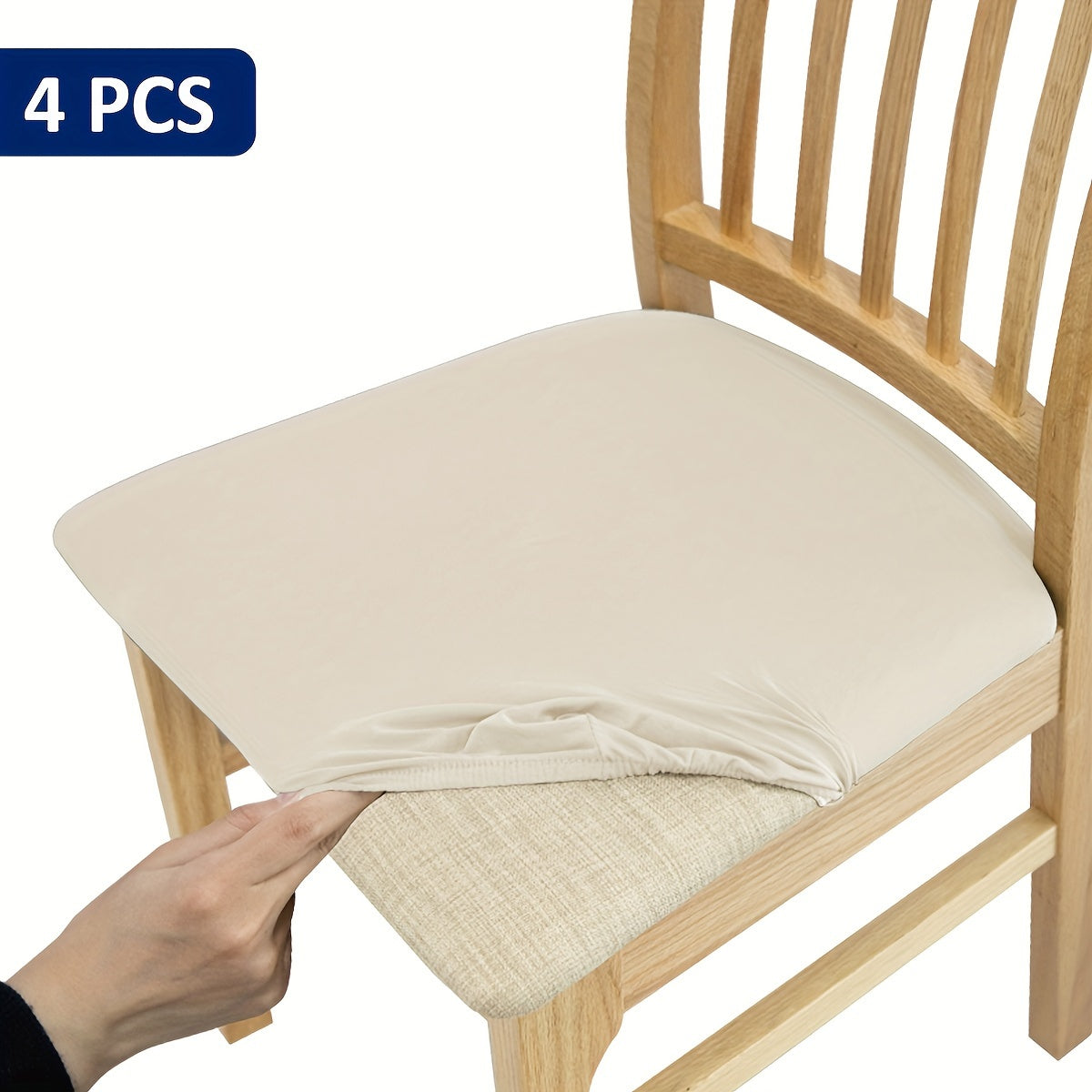 4/6 piece elastic chair cushion cover in various solid colors. Easy to install and ideal for protecting furniture in living rooms, kitchens, and restaurants.