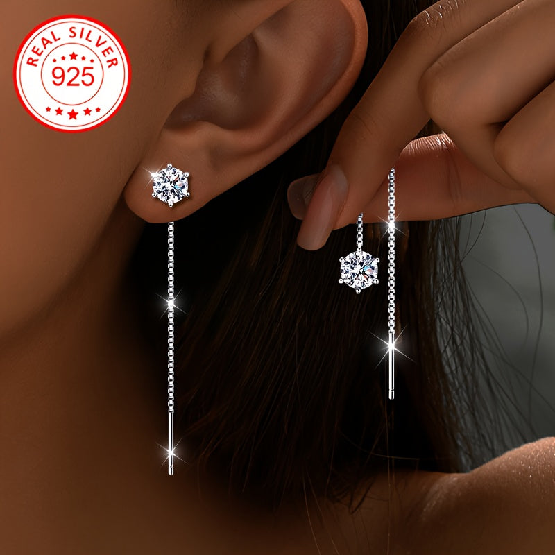 These fashionable dangling earrings for women are set with synthetic cubic zirconia and feature a dangling ear thread design. Made from 2g of S925 silver, these earrings are suitable for all seasons, holidays, and everyday wear. They are also low