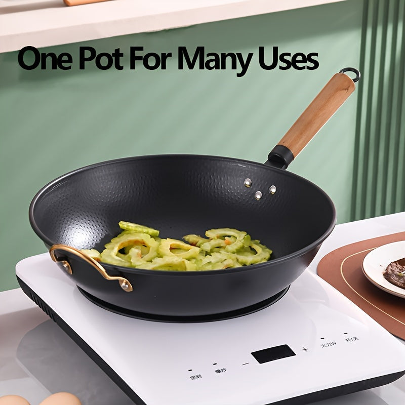 Traditional Wok Pan with Wooden Handle, 34.98cm, Non-Stick, Flat Bottom, Suitable for Induction & Gas Stove, Versatile Stir-Fry Pan