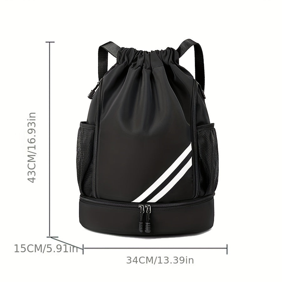 Polyester drawstring gym bag with practical pockets, perfect for basketball, outdoor activities, travel, swimming, hiking, and climbing.