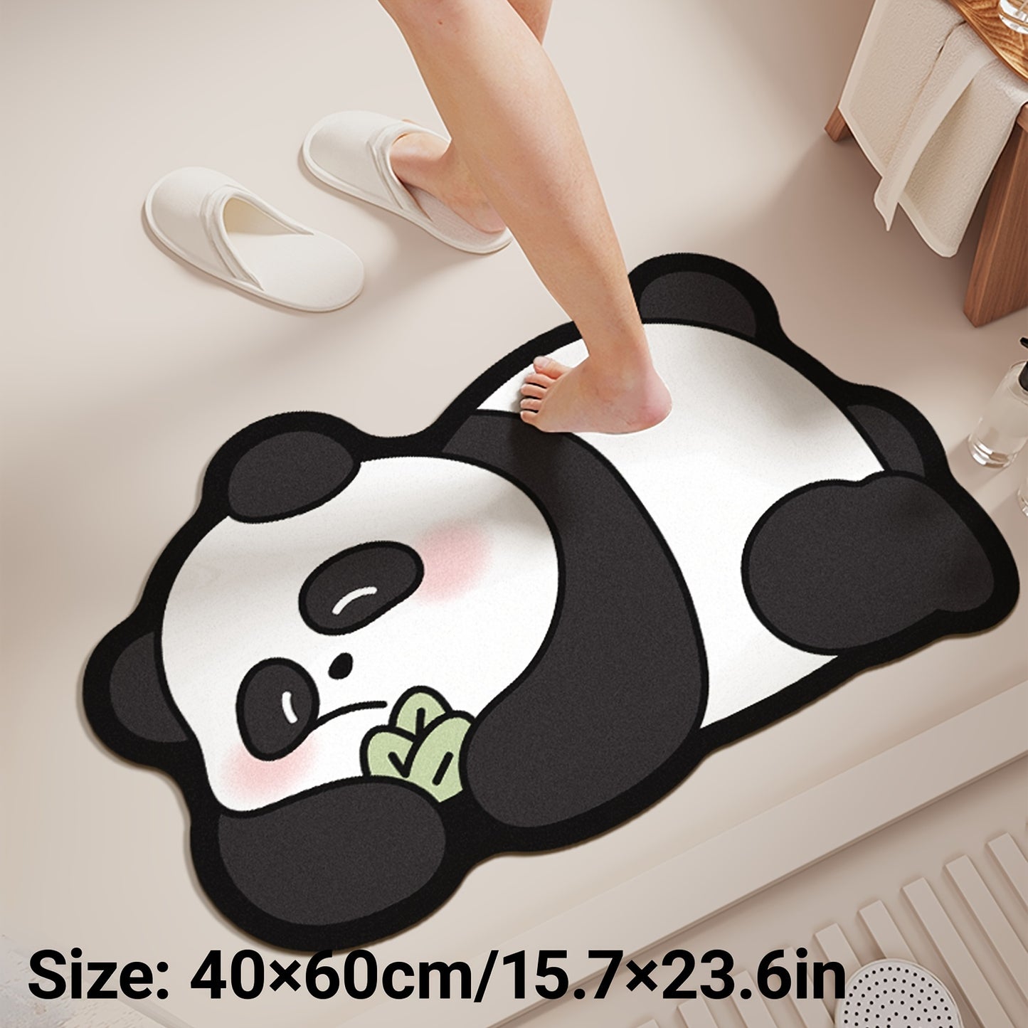 Super absorbent bath mat with cute panda print, non-slip and quick-drying, ideal for bathroom or outdoor use.