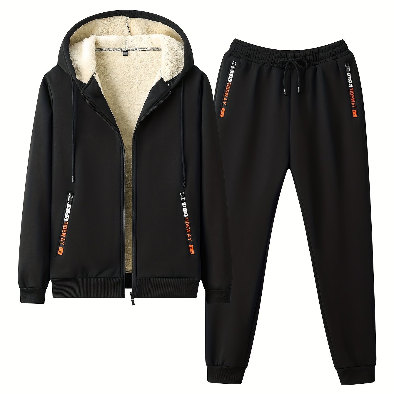 Men's 2-piece fleece lined tracksuit set for gym and running, featuring a full-zip hoodie and jogging pants.