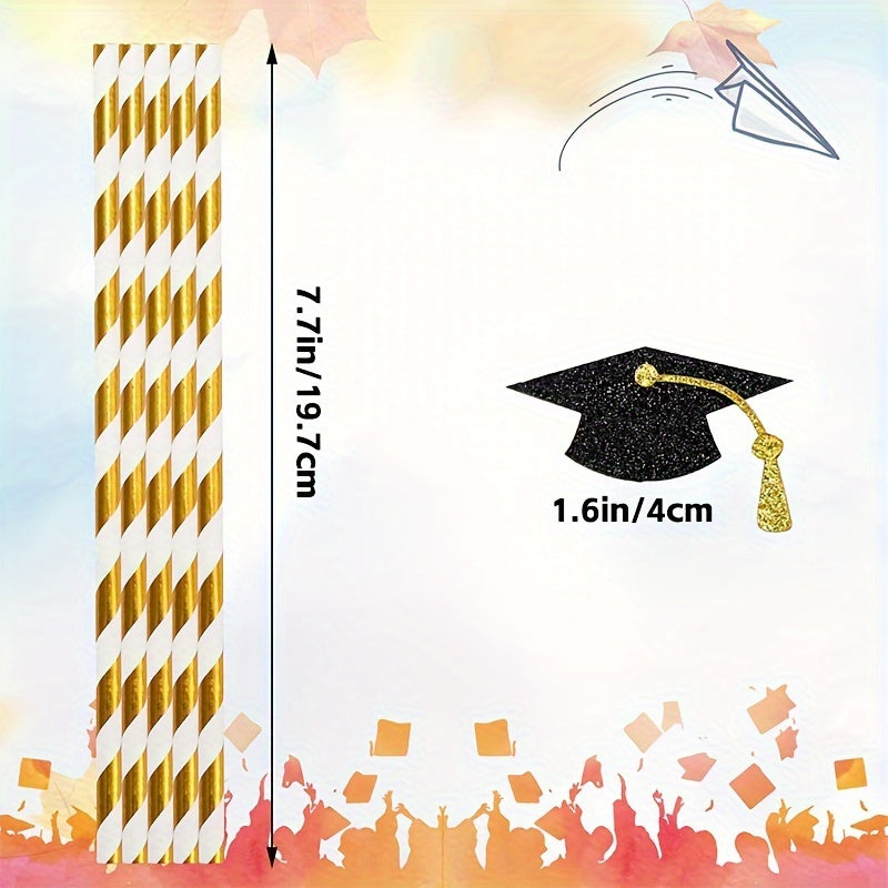 12 elegant graduation cap paper straws featuring golden foil accents. Ideal for juices, shakes, and cocktails at graduation parties. Disposable and festive drink accessories. Decorate your celebration with glittery graduation caps and stylish cocktail