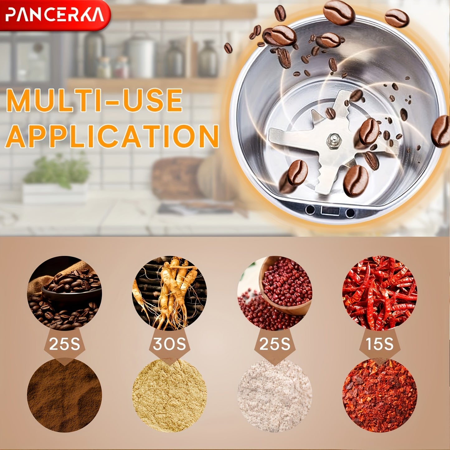 The PANCERKA Electric Coffee Grinder features a large capacity, stainless steel blades, one-touch operation, transparent lid, and a compact design with a safe locking system. It is easy to