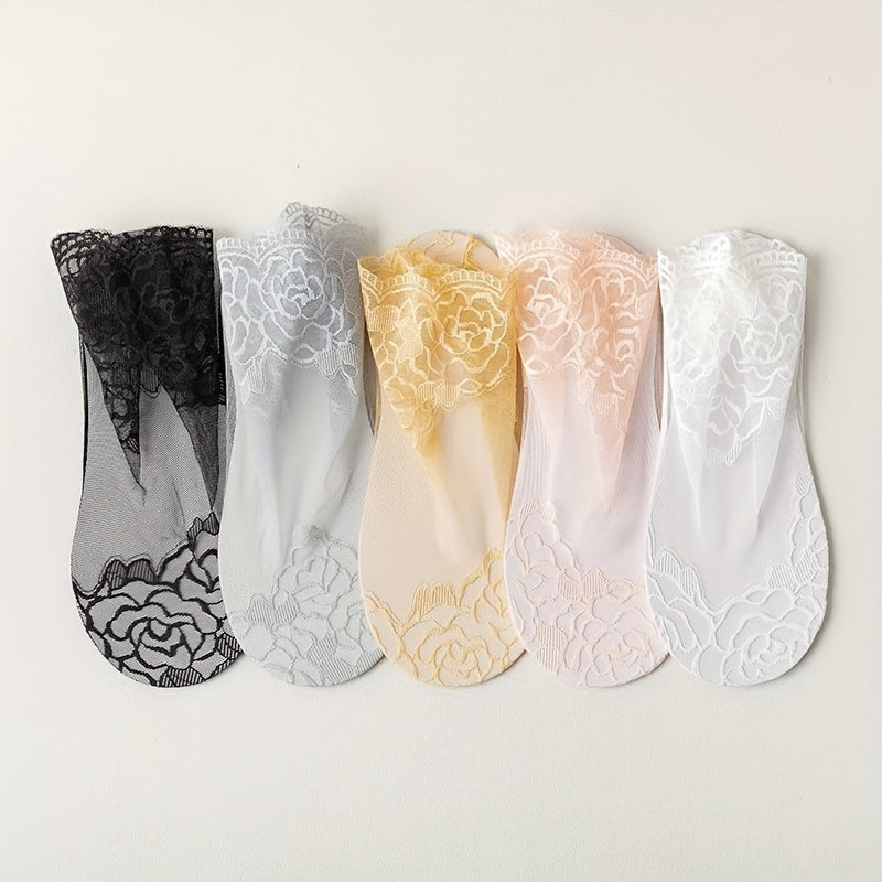 1 Pair/5 Pairs of Fashion Lace Trim Short Socks for Women, Semi-Transparent and Lightweight