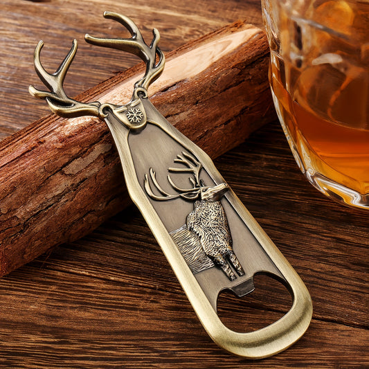 Stainless steel elk bottle opener with velvet pouch, stag head beer opener.