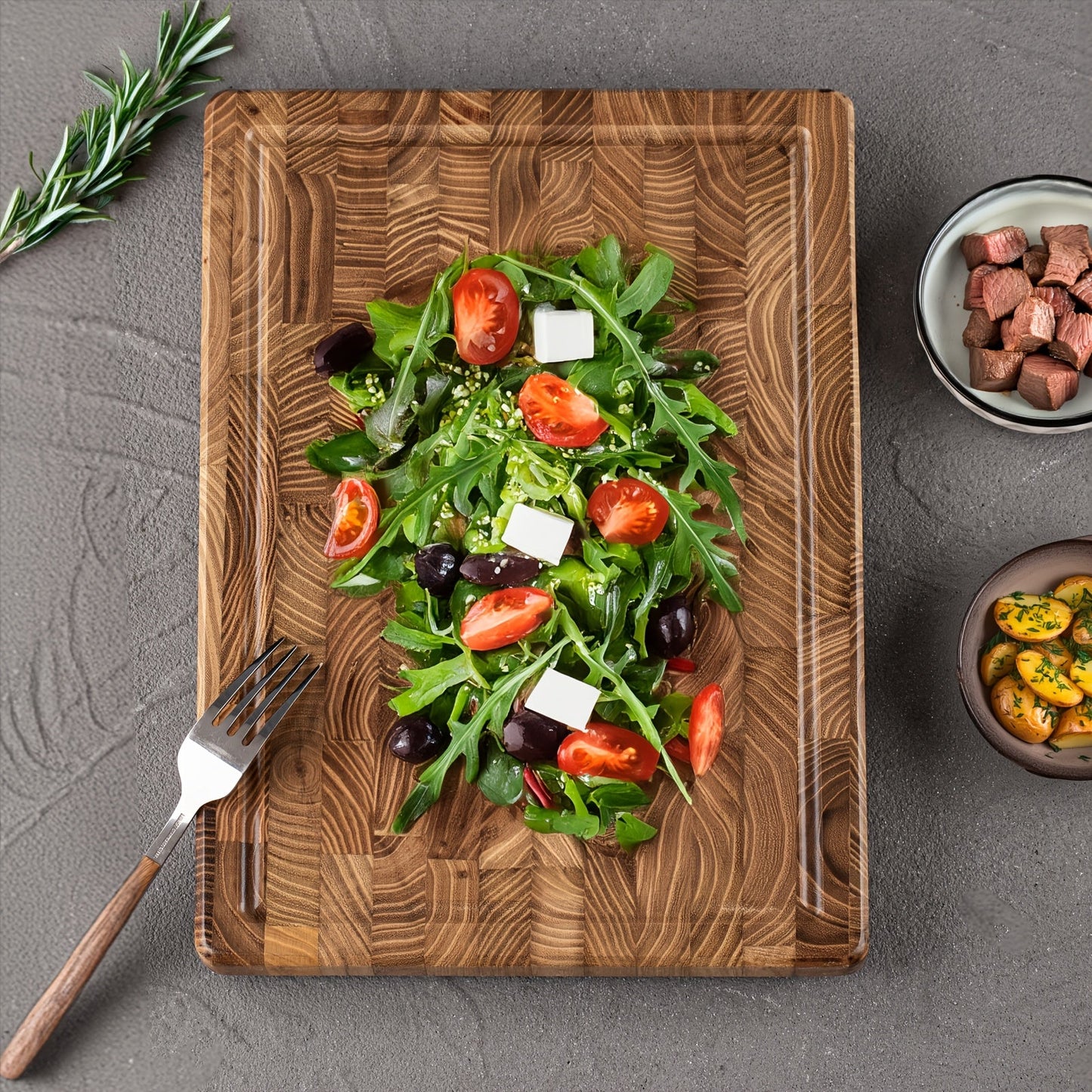 Multipurpose Kitchen Cutting Board made of Teak Wood with End Grain, Butcher Block, and Chopping Board Features, including Juice Groove and Inner Handles