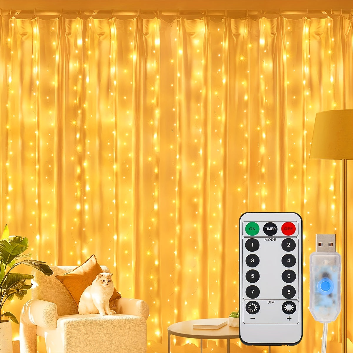 300/200/100 LED Curtain String Lights, 8 Modes, USB Plug In, Copper Wire Lights for Bedroom Window, Halloween, Christmas, Wedding Party.