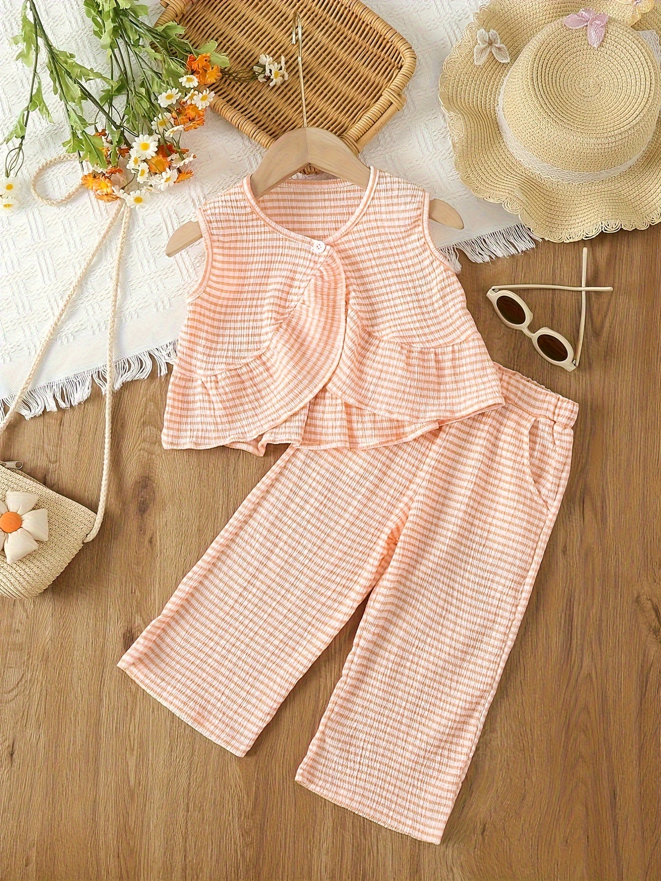 Summer plaid pants set for girls with V-neck top and wide-legged pants, made of polyester knit fabric. Features elastic waist and loose fit, perfect for outdoor activities.