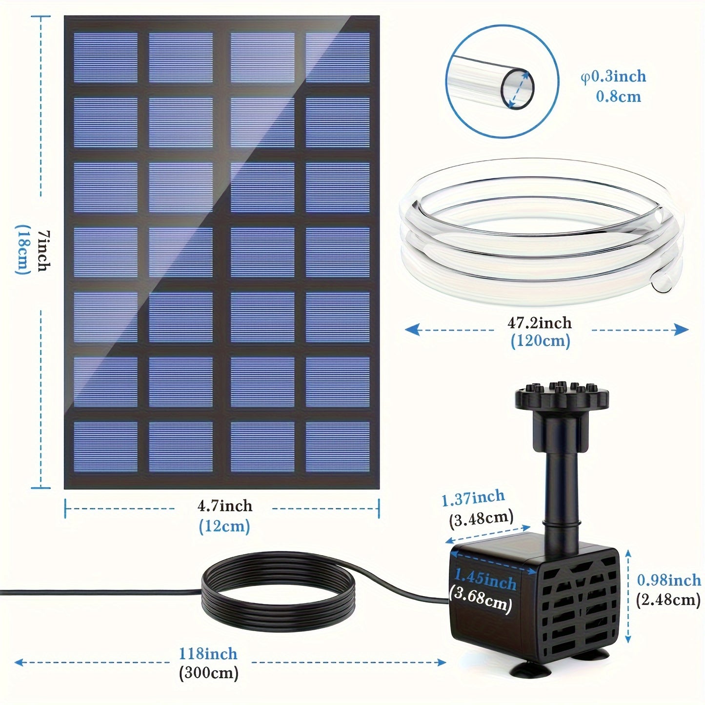 Solar-powered bird bath pump with removable photovoltaic module, ideal for garden, pond, pool, outdoor use.