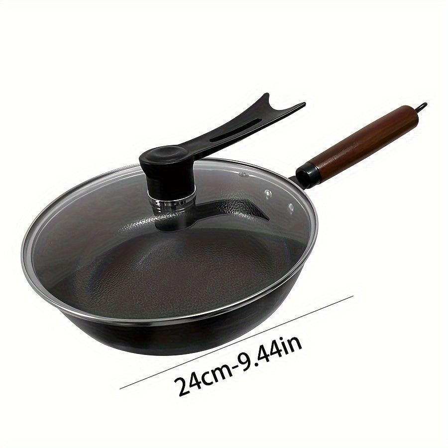 This fine iron wok is crafted with a 0-layer hammer pattern design, ideal for cooking. It is non-stick and perfect for household use on induction cookers or gas stoves. Featuring a universal flat bottom design, this wok comes in multiple sizes for you to