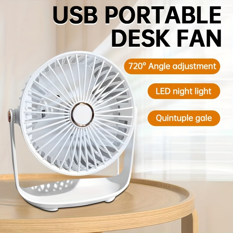 Mini desktop fan with night light, USB rechargeable and 5-speed settings. Perfect for home, office, bedroom, dorm, and more. Great for indoor and outdoor use. Makes a practical gift for summer, school, birthdays, Christmas, fishing, camping, and travel.