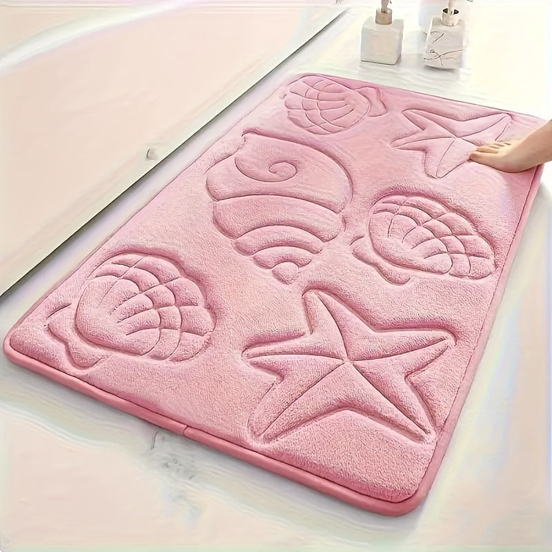 High-density 25D sponge bath mat with ultra-soft starfish and shell embossing, offering super absorbency and non-slip properties. Ideal for bathtubs, showers, and home decor. This bath accessory features high-frequency embossing for a touch of elegance