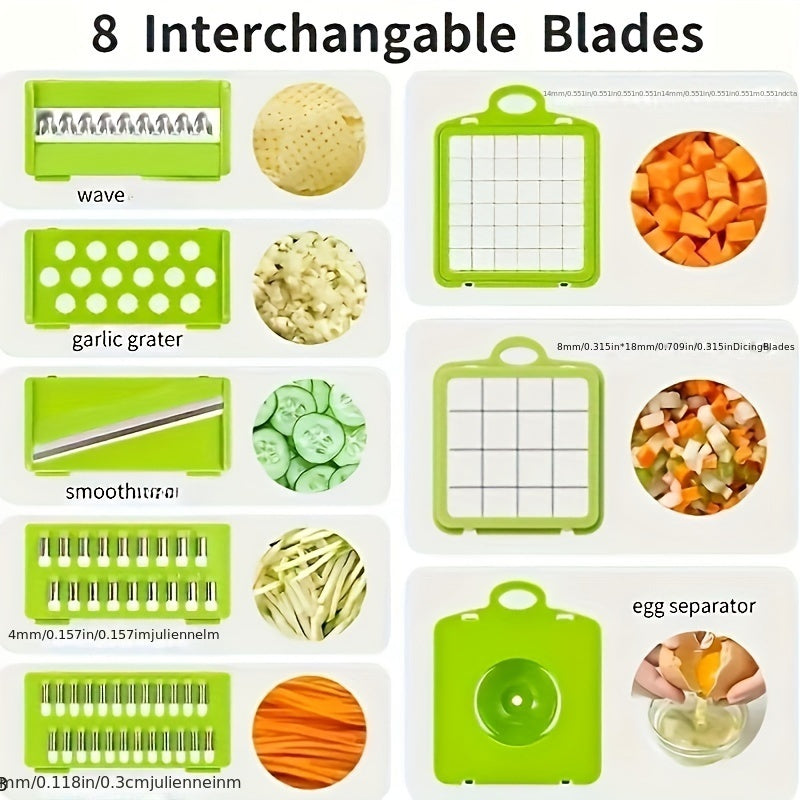 Set of 22 pieces, including a vegetable chopper, multifunctional fruit slicer, manual food grater, vegetable slicer, cutter with container, onion mincer chopper, household potato shredder, peeler, and various kitchen gadgets. Perfect for dorm essentials