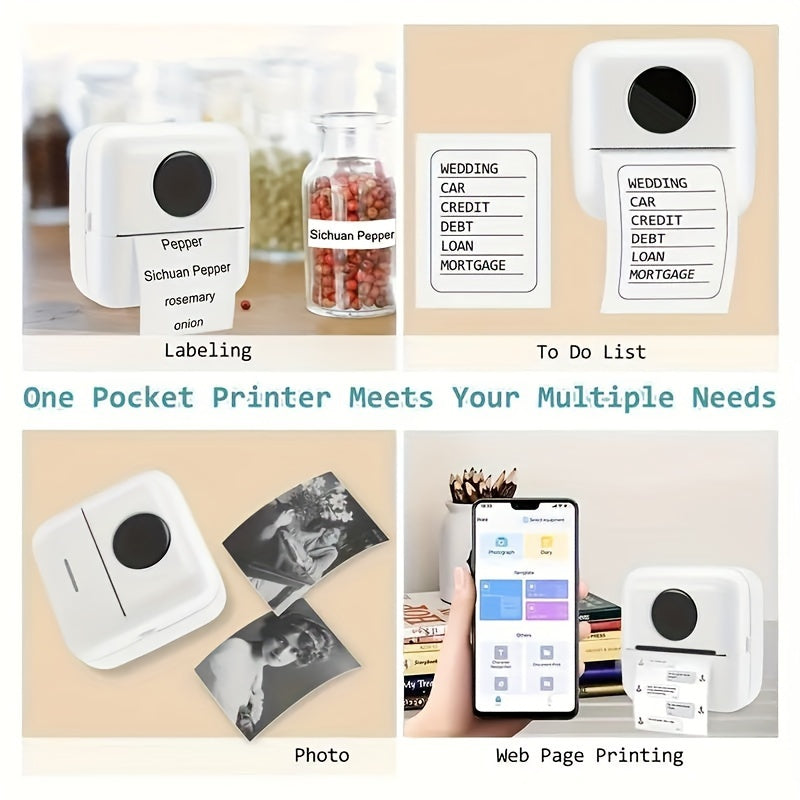 Portable mini thermal printer with monochrome label and photo printing, USB charging, wireless capability, and energy-efficient thermal technology powered by an 800mAh lithium battery ≤36V.