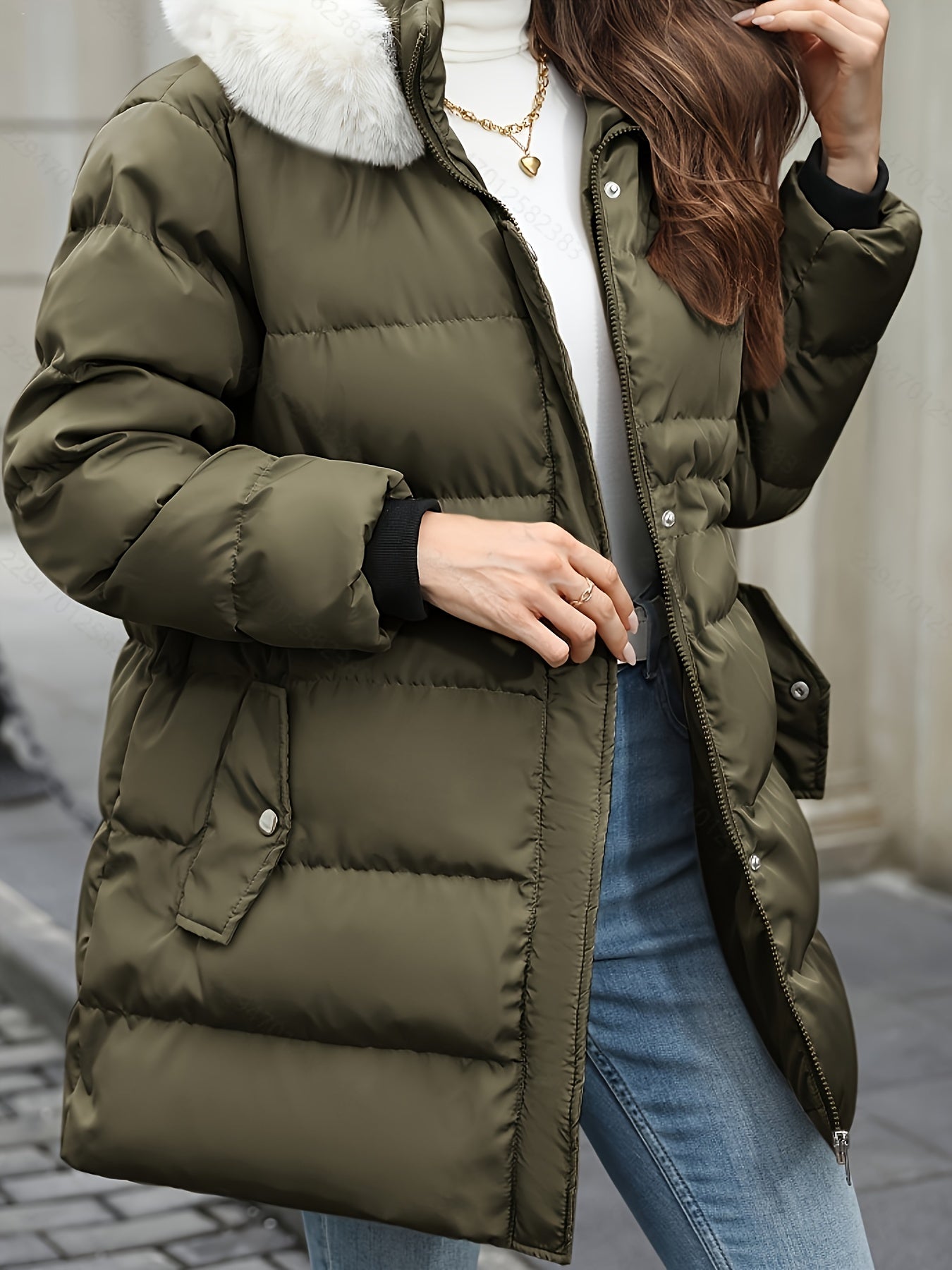 Women's casual hooded puffer jacket in solid color, with long sleeves, regular length, and non-stretch polyester. Features a zipper detail, placket closure, and H-fit for fall/winter.