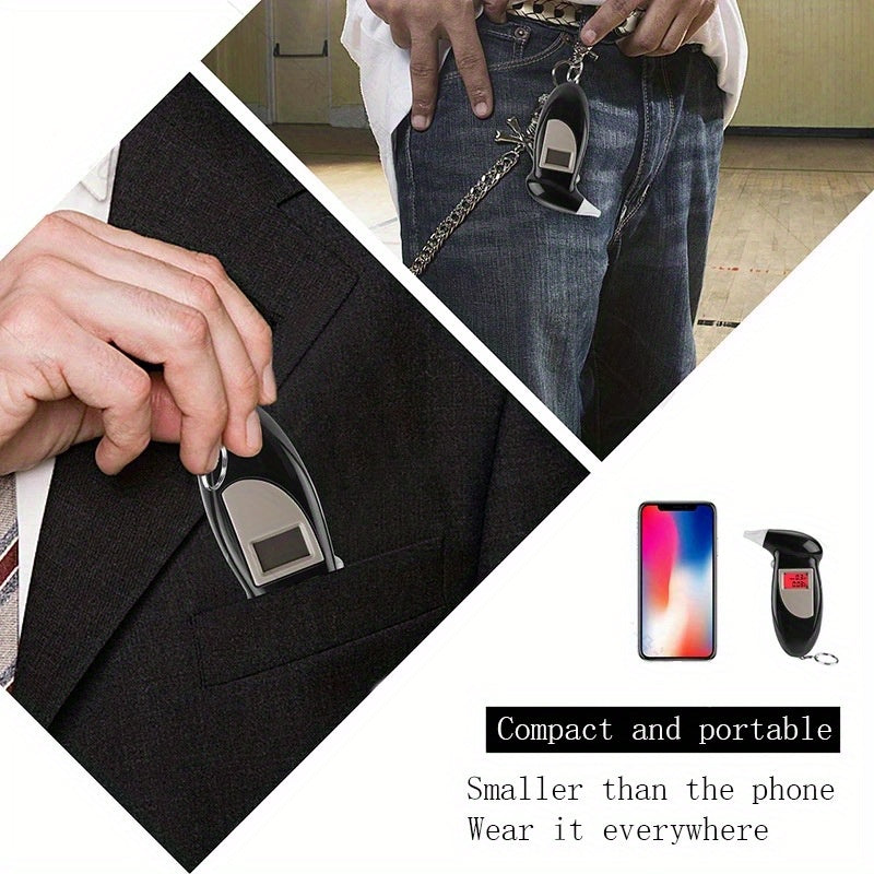 Portable digital breathalyzer with LCD display, high-accuracy BAC detector, and keychain. Requires batteries.