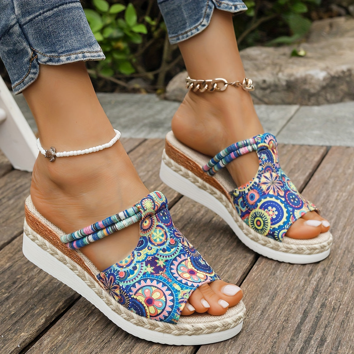 Women's Mandala Print Platform Sandals with Comfort Wedge Beach Slides.