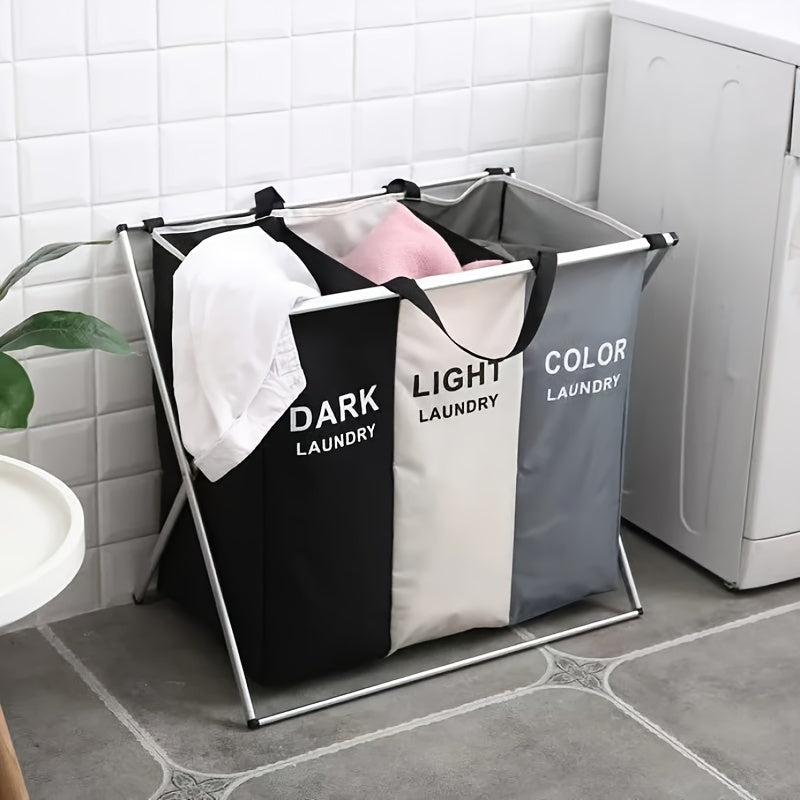 Durable foldable laundry hamper with large capacity and 2/3 compartments, made of aluminum & Oxford cloth. Easy to assemble with utility hooks.