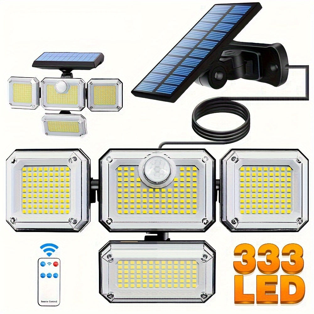 4-head outdoor solar floodlight with motion sensor, remote control, adjustable brightness, rechargeable lithium battery, wall mount, plastic material.