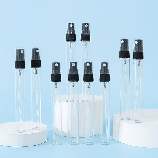 48 mini 10ml glass spray bottles in sleek black and transparent design, ideal for travel, perfect for perfumes, essential oils, and hydrating mist.