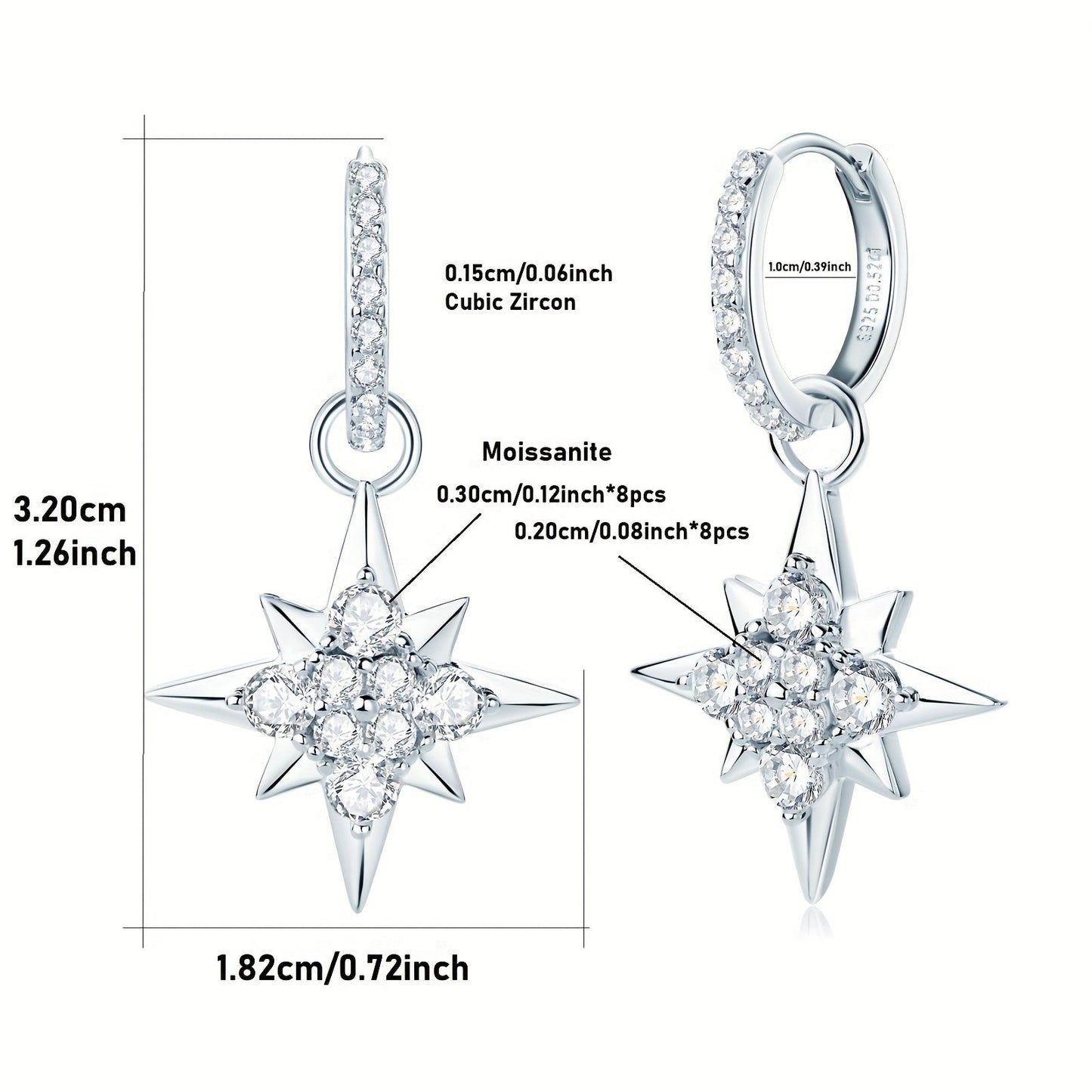 This pair of women's fashion dangling earrings features a total weight of 4.39g and is adorned with 8 pieces of 3mm moissanite stones, 8 pieces of 2mm moissanite stones, and 2 pieces of 0.52 carat moissanite stones. The earrings are crafted in 925