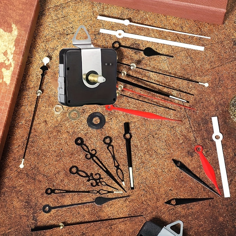 DIY Clock Repair Kit with 54 pieces, including 6 quartz movements and 24 hands. Made of plastic. Assembly required for wall clock mechanism and unique decor.