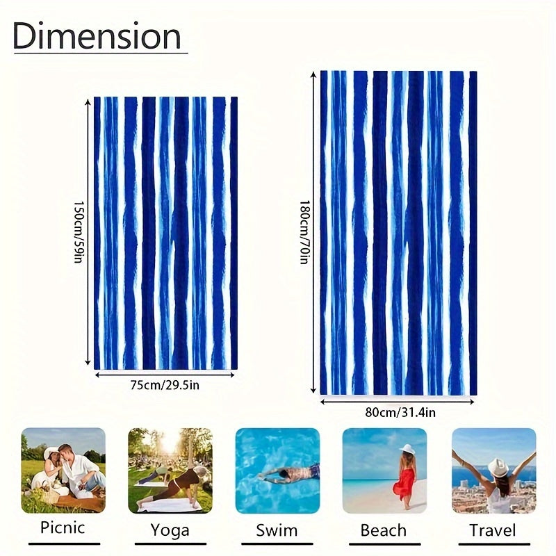 Oversized striped beach towel perfect for adventures. Made of super soft microfiber, quick-dry, sand-free, and ideal for various activities. Available in tropical blue & white. Comes in two sizes and is lightweight and absorbent.