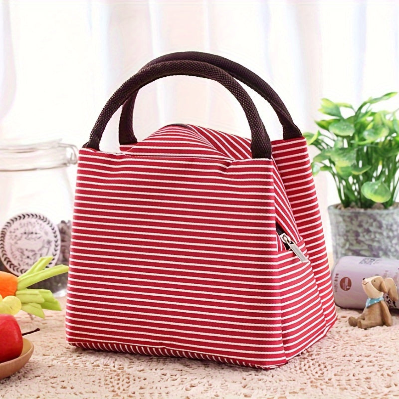 Trendy Insulated Lunch Tote with Striped Design - Made from Sturdy Oxford Cloth, Features Easy-to-Clean Aluminum Foil Lining, Large and Light for Work, Picnics, and Camping