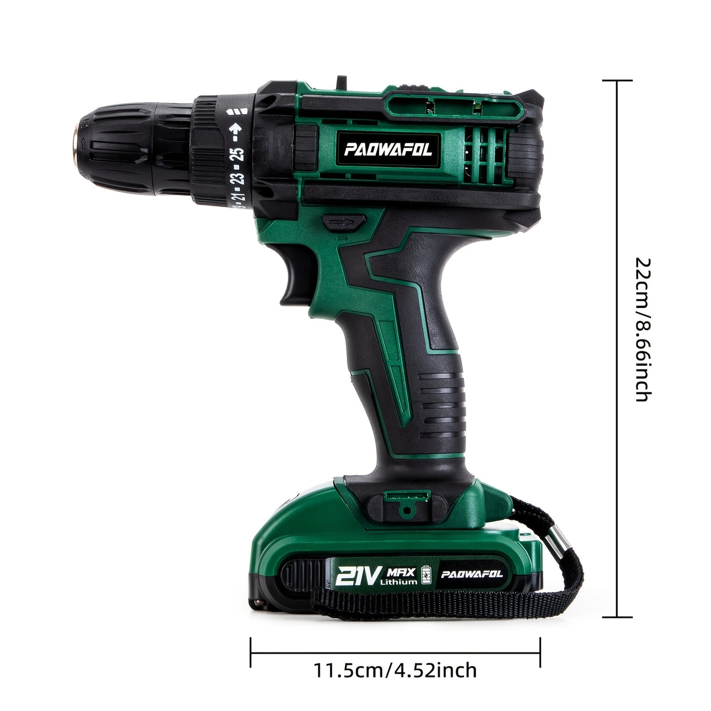 21V Cordless Drill with rechargeable battery, 2 speed settings, 25+1 torque, 24 accessories, LED light, for DIY, home, and garden use.