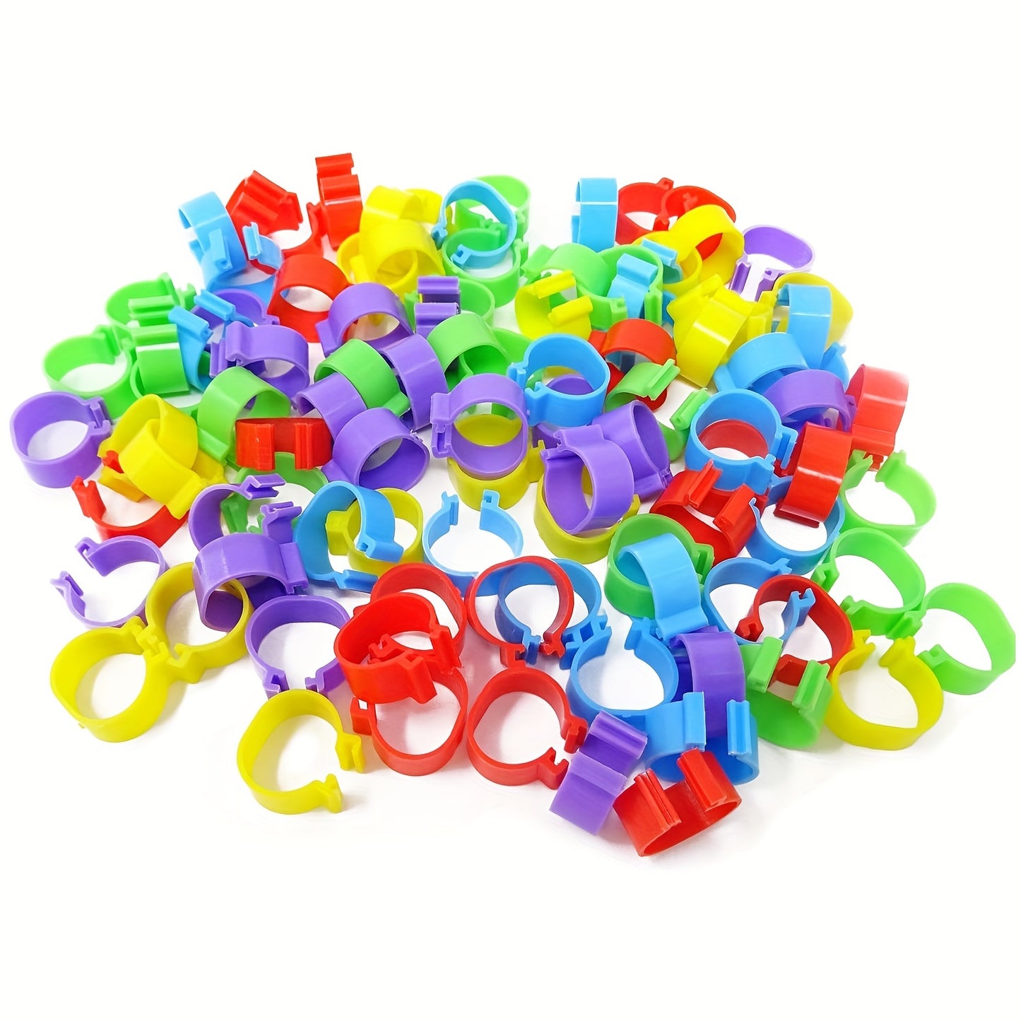 Pack of 100 colorful numbered chicken leg bands for various poultry species - 16mm clip-on ankle rings made of plastic for identification and selection purposes.