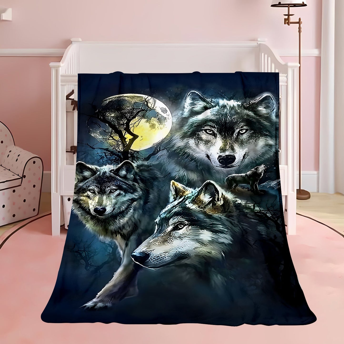 Soft and cozy Contemporary Wolves in Moonlight Design Flannel Fleece Throw Blanket, perfect for use on sofa, in the office, bed, camping, or while traveling. This multipurpose holiday gift nap blanket is made of knitted polyester, machine washable, and