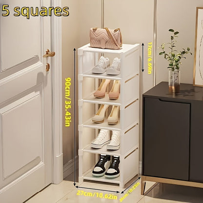 Tall narrow shoe rack designed for front door or closet entrance, made of durable metal with 7 shelves to store 4-7 pairs of shoes or boots. Stackable design saves space.