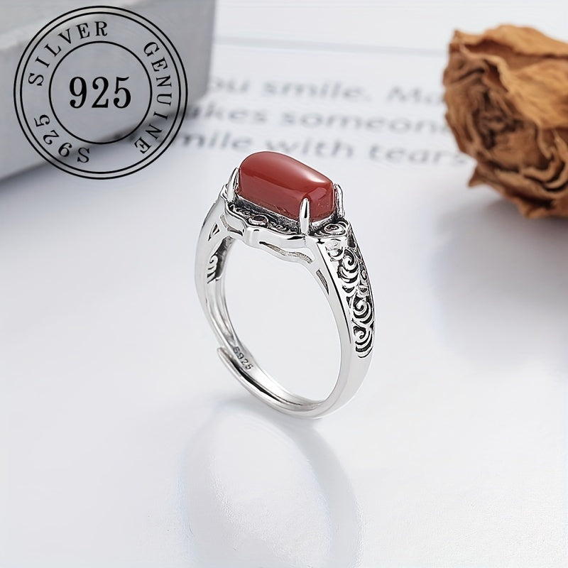 925 Silver Plated Vintage Boho Style Natural Agate Ring, Adjustable Open Ring with Tree Pattern Engraving. Elegant Court-inspired Design Perfect for Daily Wear and Gift-Giving.