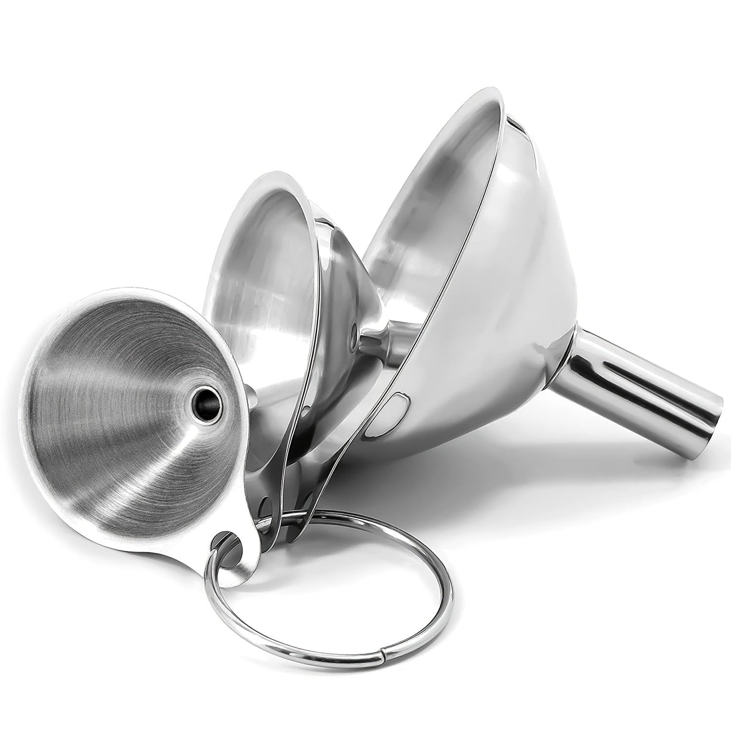 Set of 3 Stainless Steel Funnels with Lid and Strainer, Versatile Food-Grade Funnel Set for Measuring and Pouring in the Kitchen