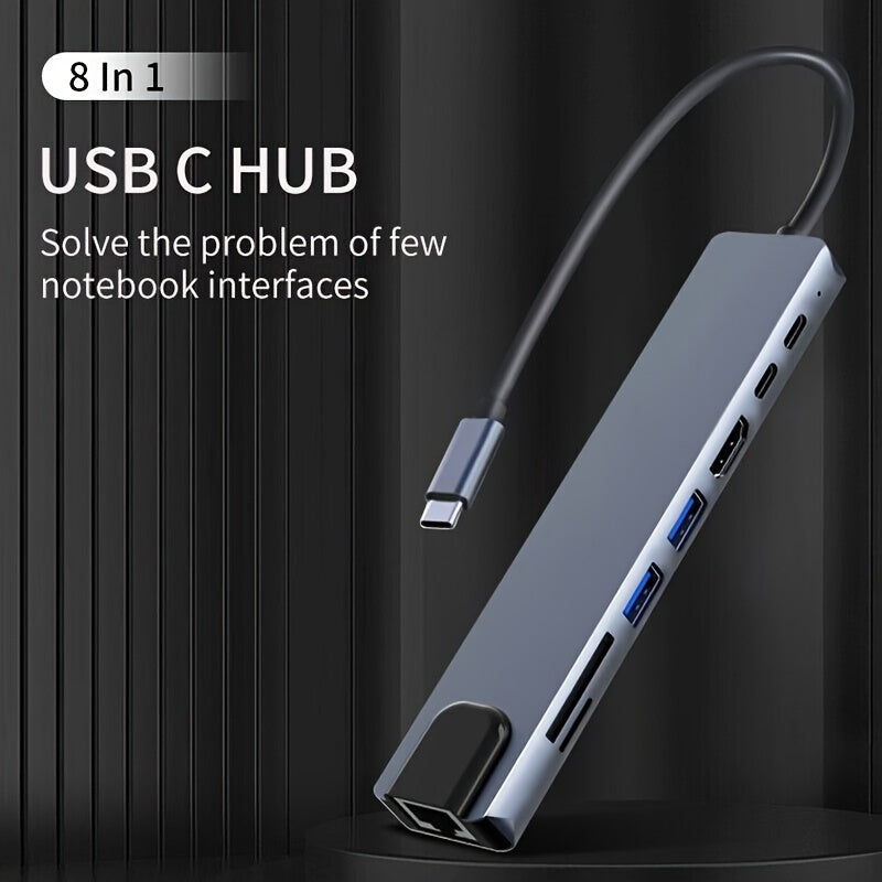 Compact USB-C Hub with 8 functions including 4K HDTV, Ethernet, USB 3.0, PD Fast Charge & SD/TF Card Reader - Compatible with MacBook Pro/Air, iPad Pro, XPS, and Compact Desk.