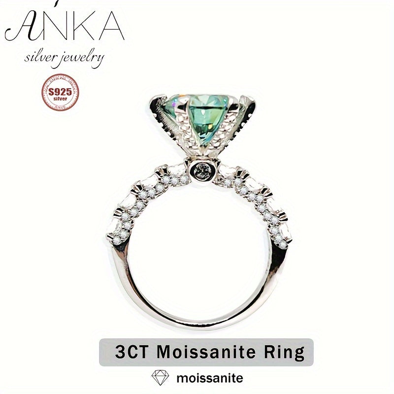 3CT Green Moissanite Engagement Ring - S925 Sterling Silver with Zirconia Accents, Elegant Design, Ideal for Weddings & Gifts, Full Diamond Setting, Weight.