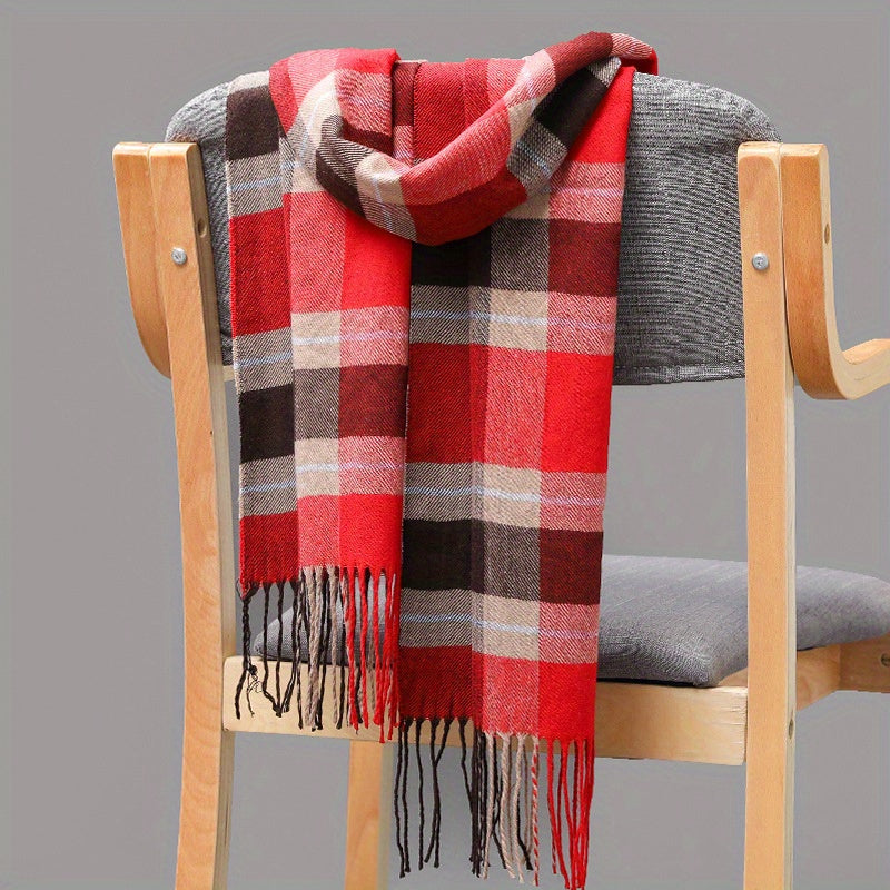 Men's imitation cashmere scarf with tassel detail in a fashion forward plaid pattern, perfect for couples looking to stay warm and stylish during the fall and winter months.