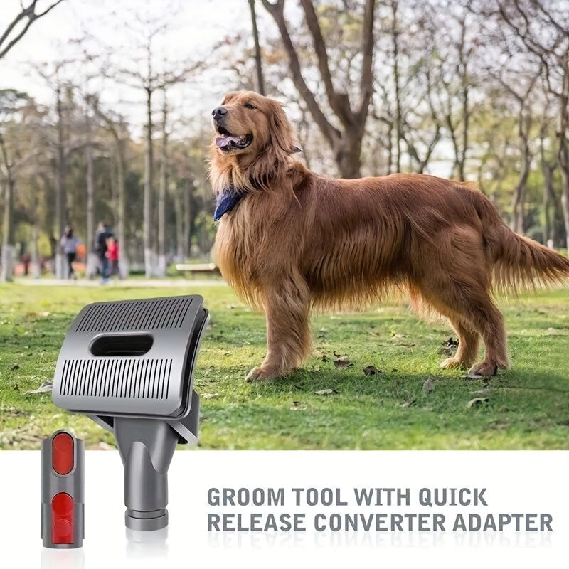 Modern vacuum accessory for Dyson vacuums, compatible with V11, V10, V8, V7, and V15 models. This flexible pet grooming attachment features an easy-clean brush tool, adjustable 50.8-152.4cm extension hose, and quick-release connector. Perfect for