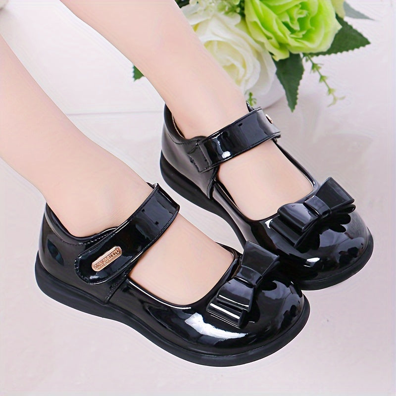 Women's Retro Preppy Style Flats with Hook-and-loop Fastener Closure, Glossy Black Mary Jane Shoes for Weddings, Parties, and School Events.