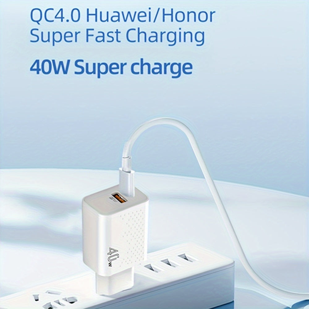 HengYe 40W Dual Port USB-C Wall Charger with fast charging for various devices - Type C plug, includes 100.58cm cable.