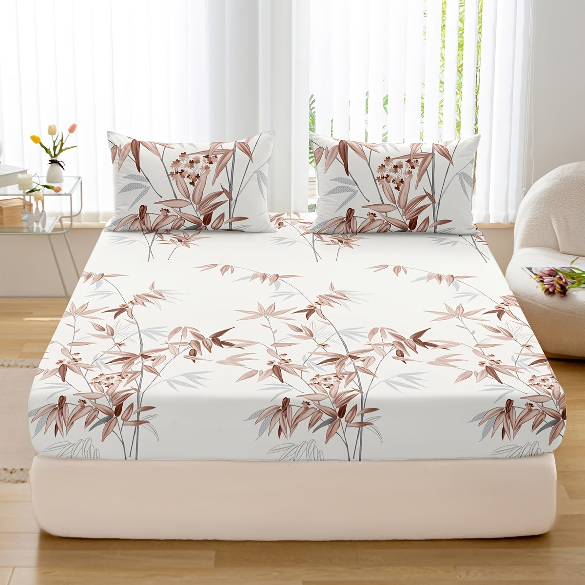 Set of 3 Plant Printed Fitted Sheets - Luxuriously Soft and Breathable Bedding for Bedroom and Guest Room, including 1 Fitted Sheet and 2 Pillowcases.