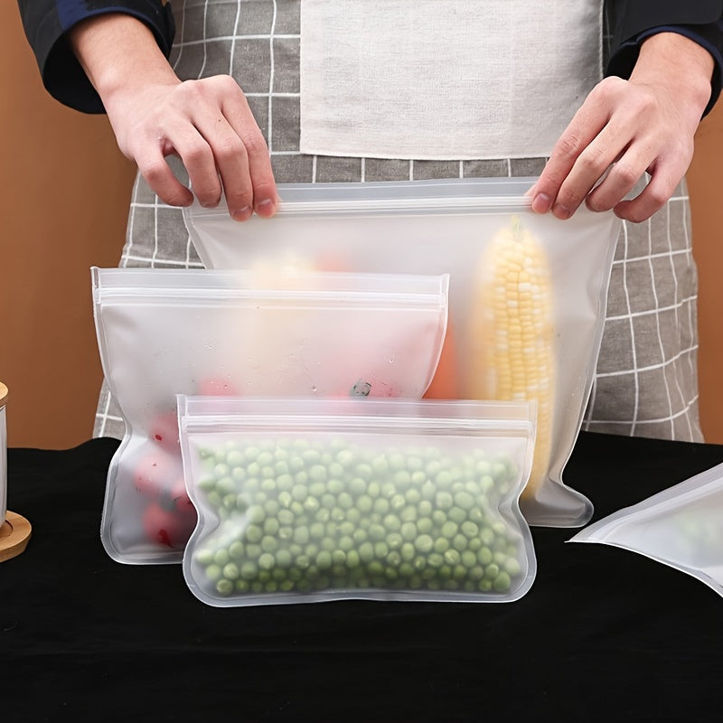 Set of 3 Silicone Reusable Bags in Small, Medium, and Extra-Large Sizes, Clear Frosted Design, Durable and Leak-Proof, Keeps Food Fresh, FDA-Approved Storage Solution for Fruits, Veggies, Snacks, Sandwiches, Perfect for Camping - Preserve Freshness