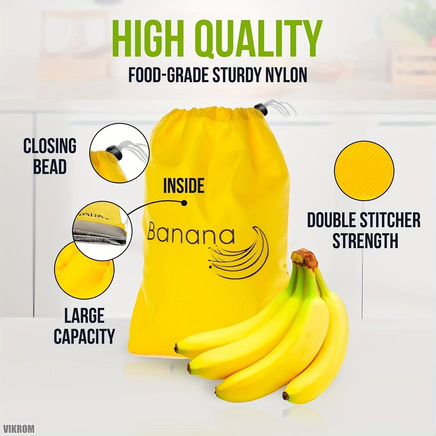 Reusable banana storage bag with drawstring, made of food-grade nylon and aluminum. Large capacity and double stitched to prevent ripening. Ideal for storing fruits and vegetables in the refrigerator. Perfect for lettuce and other vegetables.