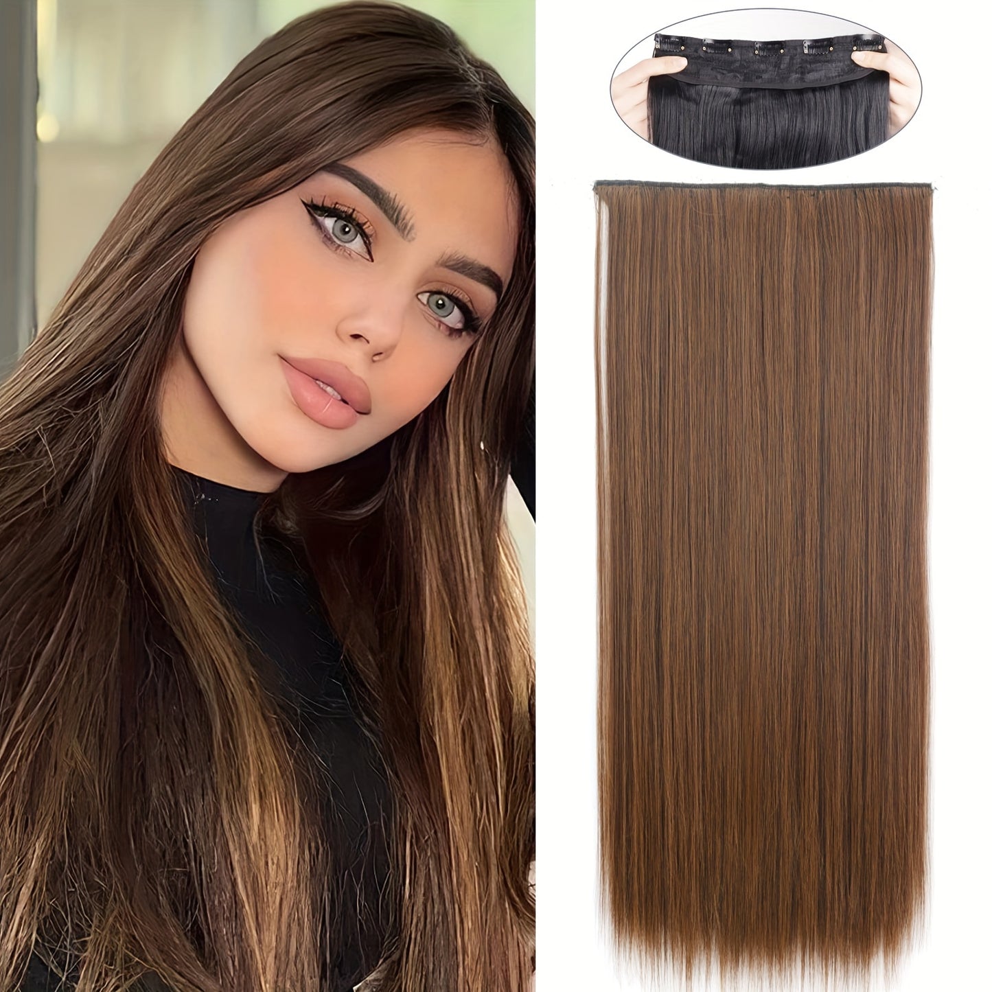 Elegant natural looking synthetic clip-in hair extensions for daily use, 32 inch long straight pieces with 5 clips.