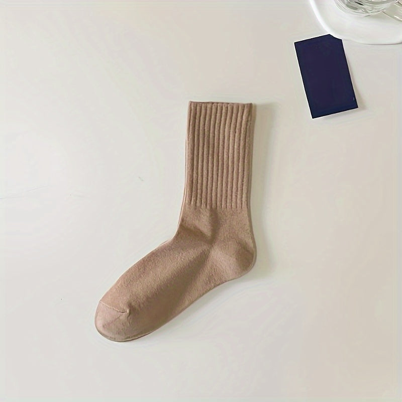 5 pairs unisex plain color crew socks, versatile and breathable for casual or sports wear.