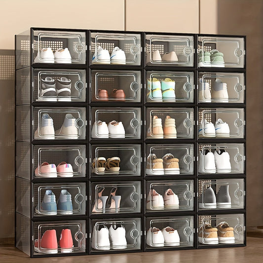 Set of 12 Thickened Transparent Shoe Boxes With Lids, Foldable and Stackable Shoe Rack for Free Combination, Plastic Sneaker Containers, Space-Saving Storage Organizer for Entryway, Bedroom, Home, Dorm, or Ramadan Decor