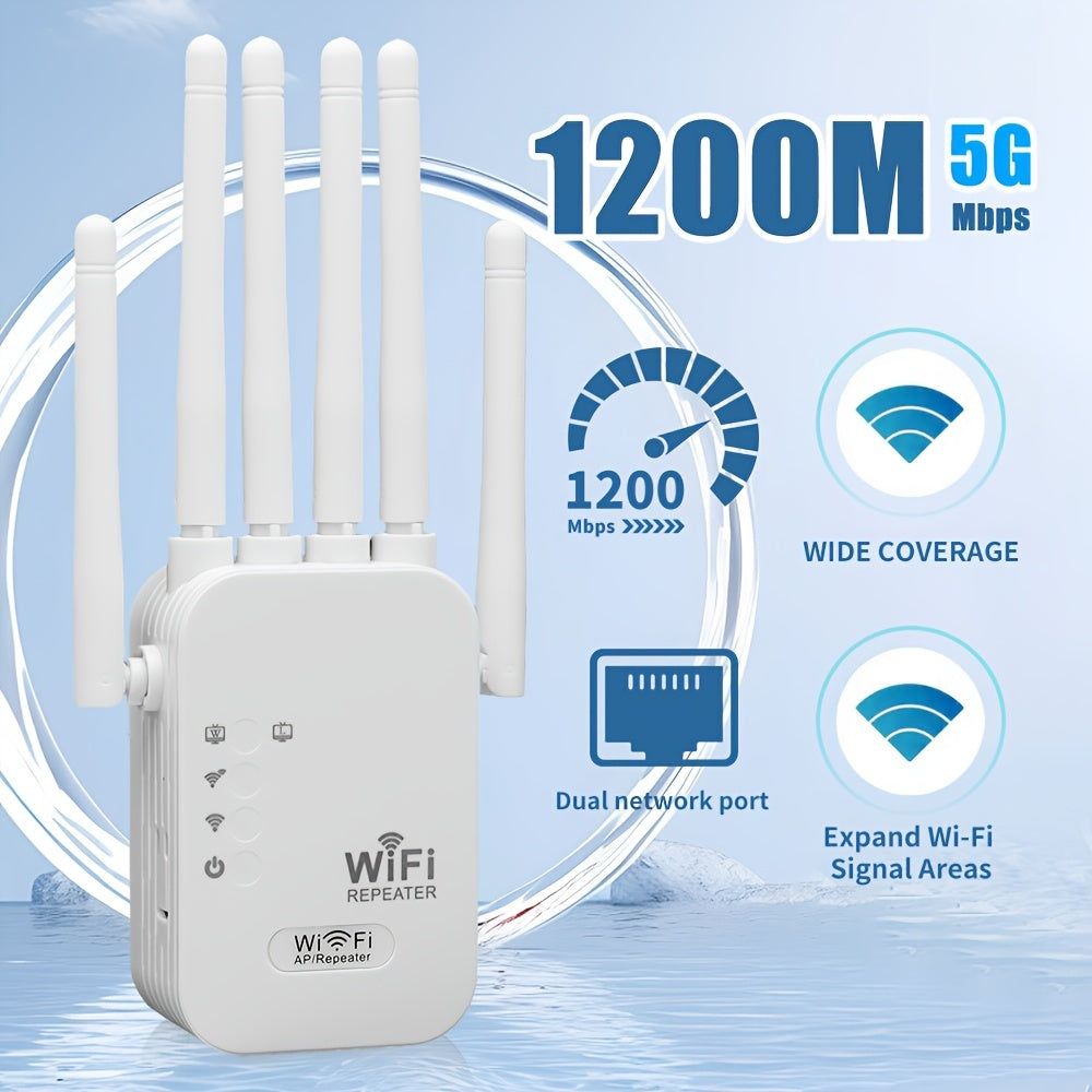 OurLife WiFi kengaytirgichi 35 ta qurilmagacha bo'lgan 1200Mbps ikki diapazonli qamrov bilan signalni kuchaytiradi. Oson o'rnatish, Ethernet porti va uy yoki ofis WiFi ni yaxshilash uchun 4 ta tashqi antenna.