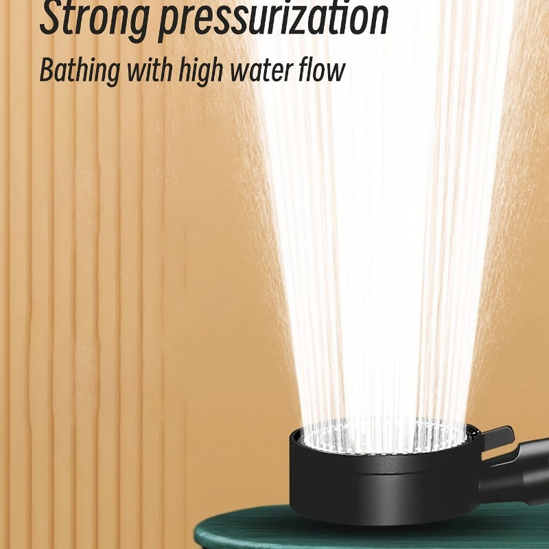 Handheld shower head with 5 adjustable modes. Wall-mounted round plastic design includes bracket, flexible hose. Modern shower accessory with space-saving plastic construction.