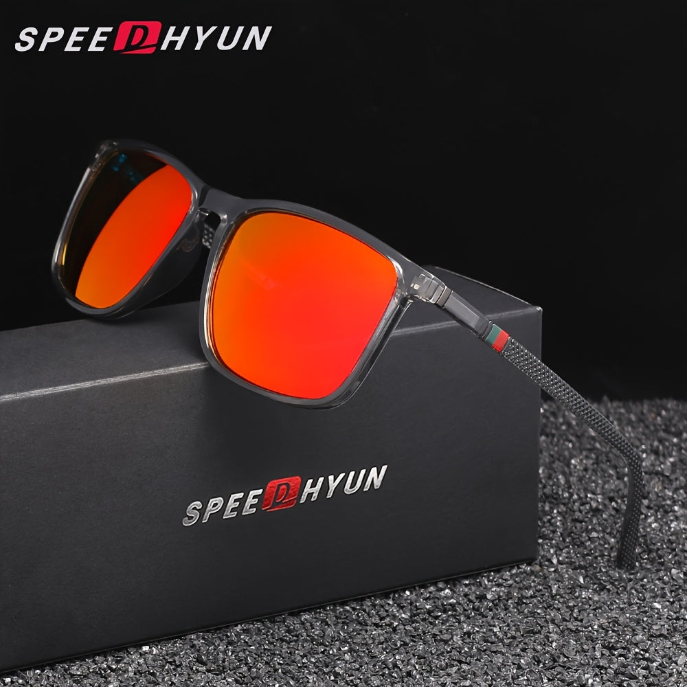 SPEEDHYUN glasses for men, featuring full rim PC frame and lens, lightweight and stylish design, ideal for parties and activities. Includes anti-fog cloth, reflective mirror coating, a